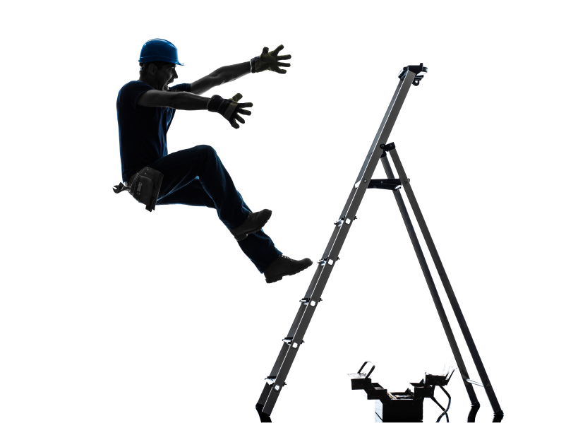 one manual worker man falling from ladder in silhouette on white background